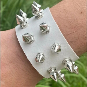 WhiteLeather Punk Goth Rock Double Spike Metal Stud Buckle Cuff Bracelet NEW